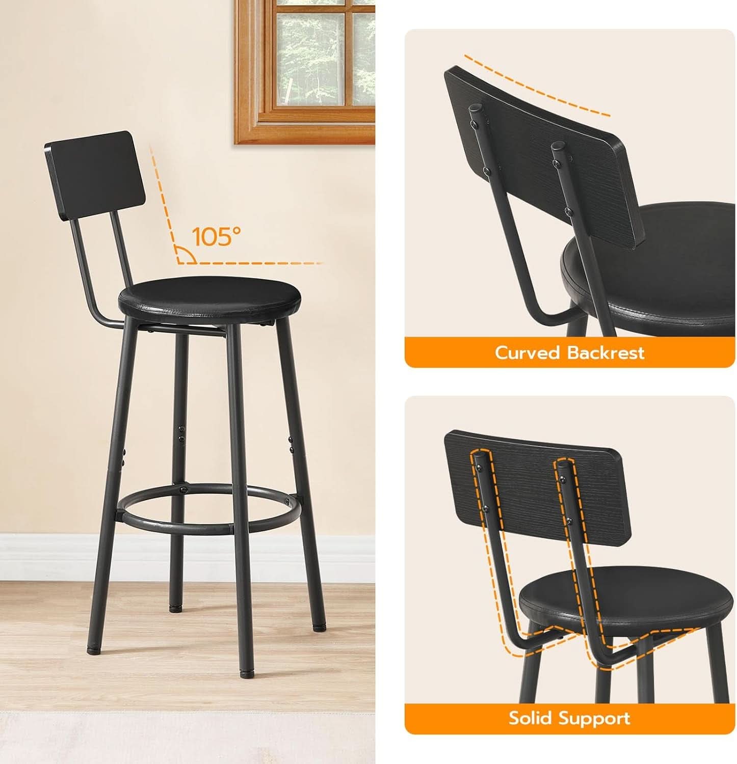 26 Inch Black PU Upholstered Bar Stools Set Of 2 With Back And Footrest