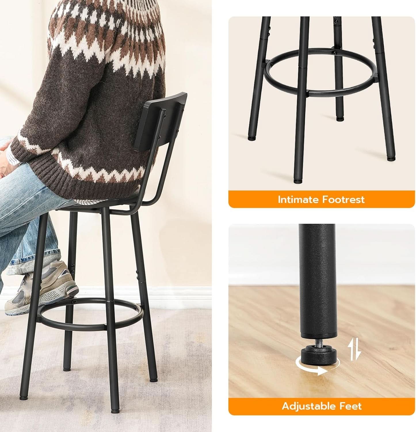 26 Inch Black PU Upholstered Bar Stools Set Of 2 With Back And Footrest