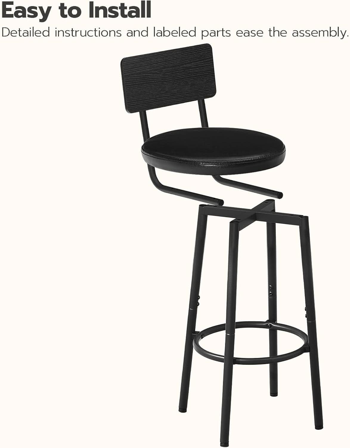 26 Inch Black PU Upholstered Bar Stools Set Of 2 With Back And Footrest
