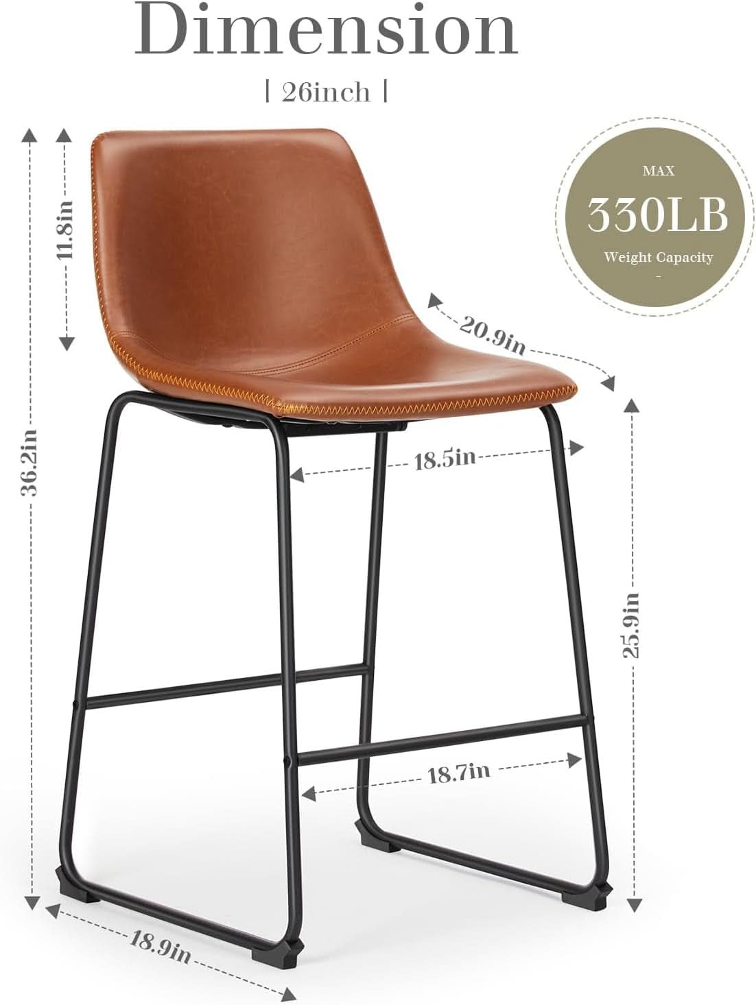 26 Inch Counter Height Bar Stools Set Of 4 With Back Brown Faux Leather And Metal Legs