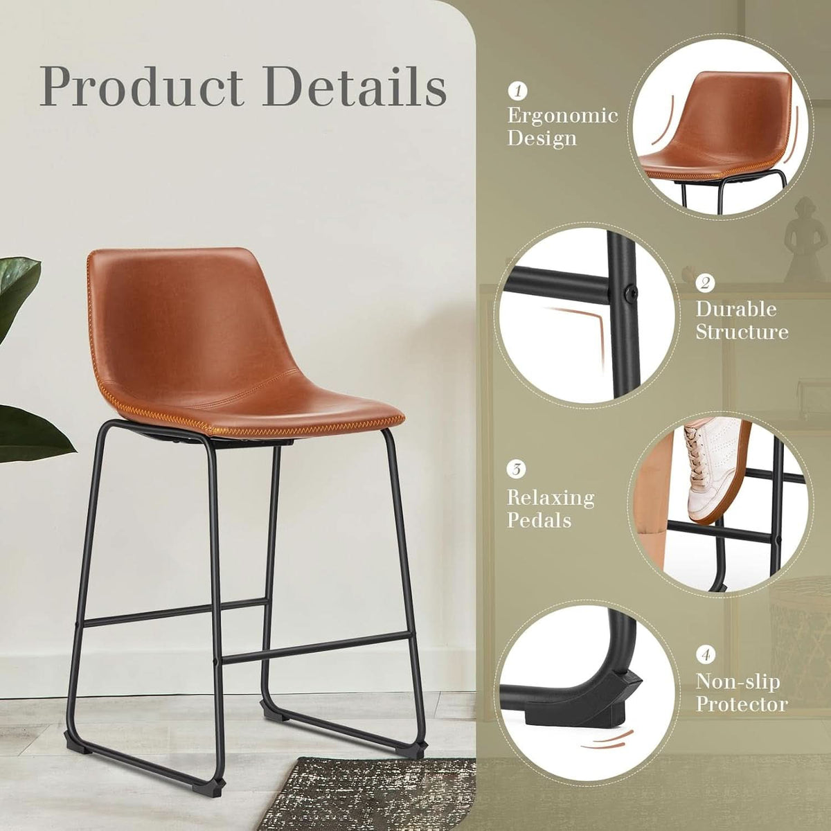 26 Inch Counter Height Bar Stools Set Of 4 With Back Brown Faux Leather And Metal Legs
