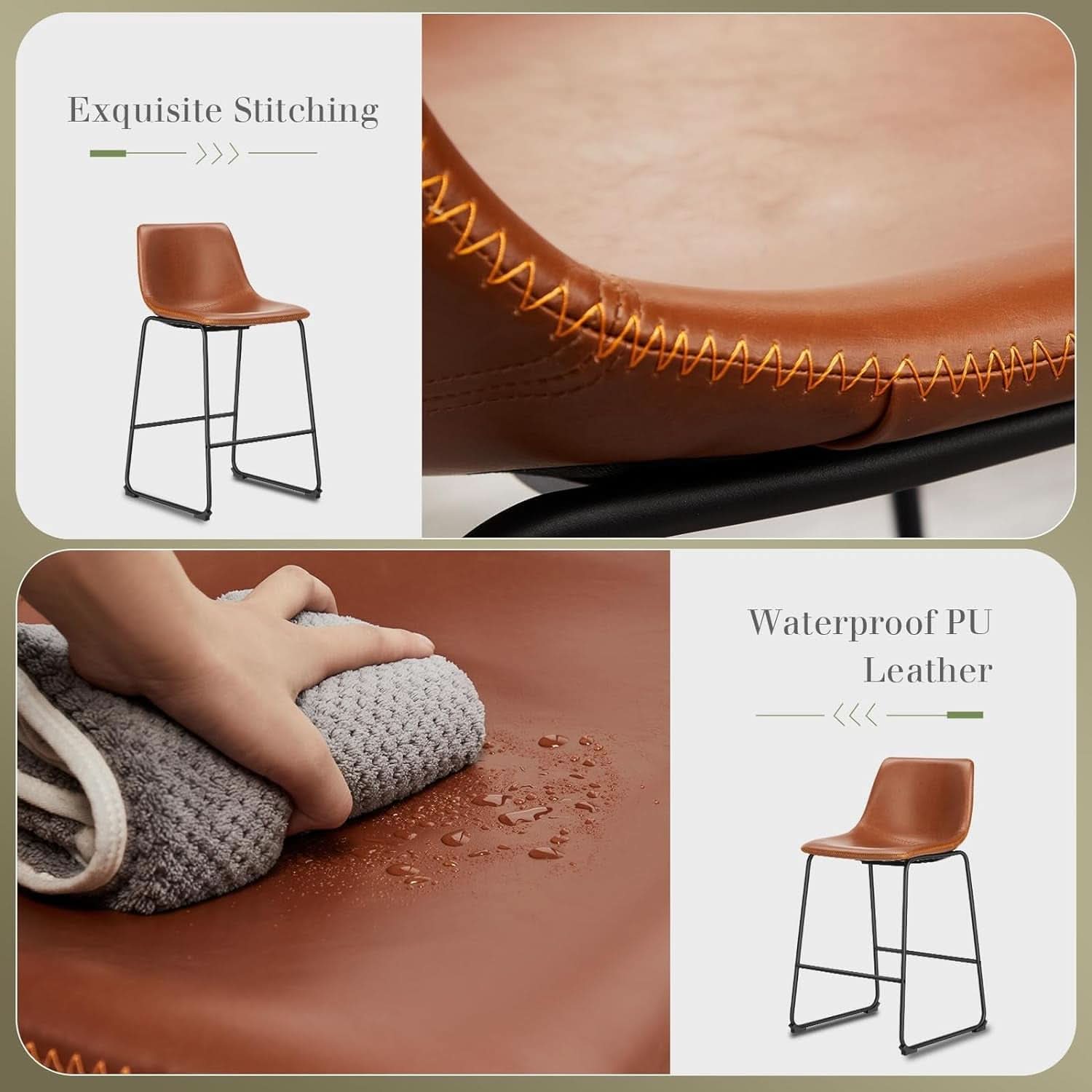 26 Inch Counter Height Bar Stools Set Of 4 With Back Brown Faux Leather And Metal Legs