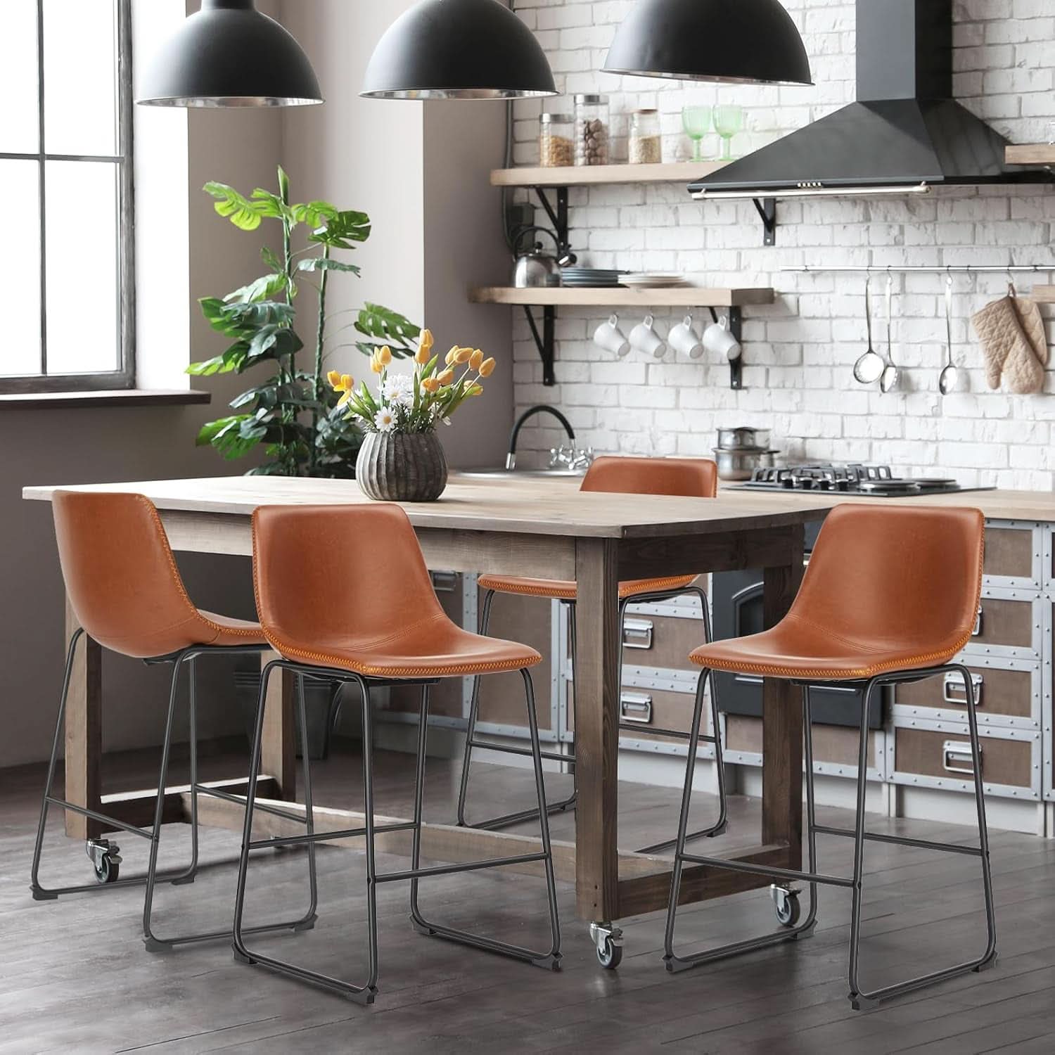26 Inch Counter Height Bar Stools Set Of 4 With Back Brown Faux Leather And Metal Legs