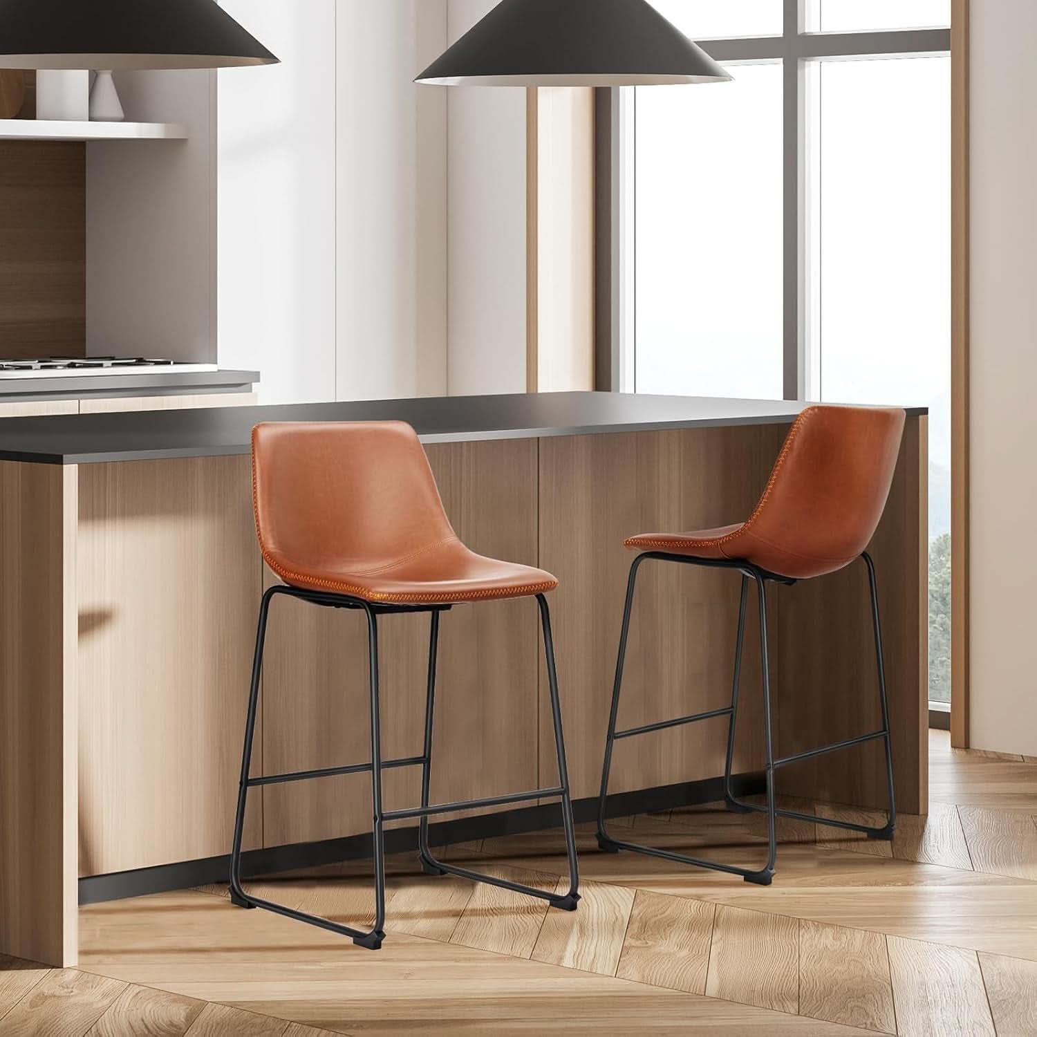 26 Inch Counter Height Bar Stools Set Of 4 With Back Brown Faux Leather And Metal Legs