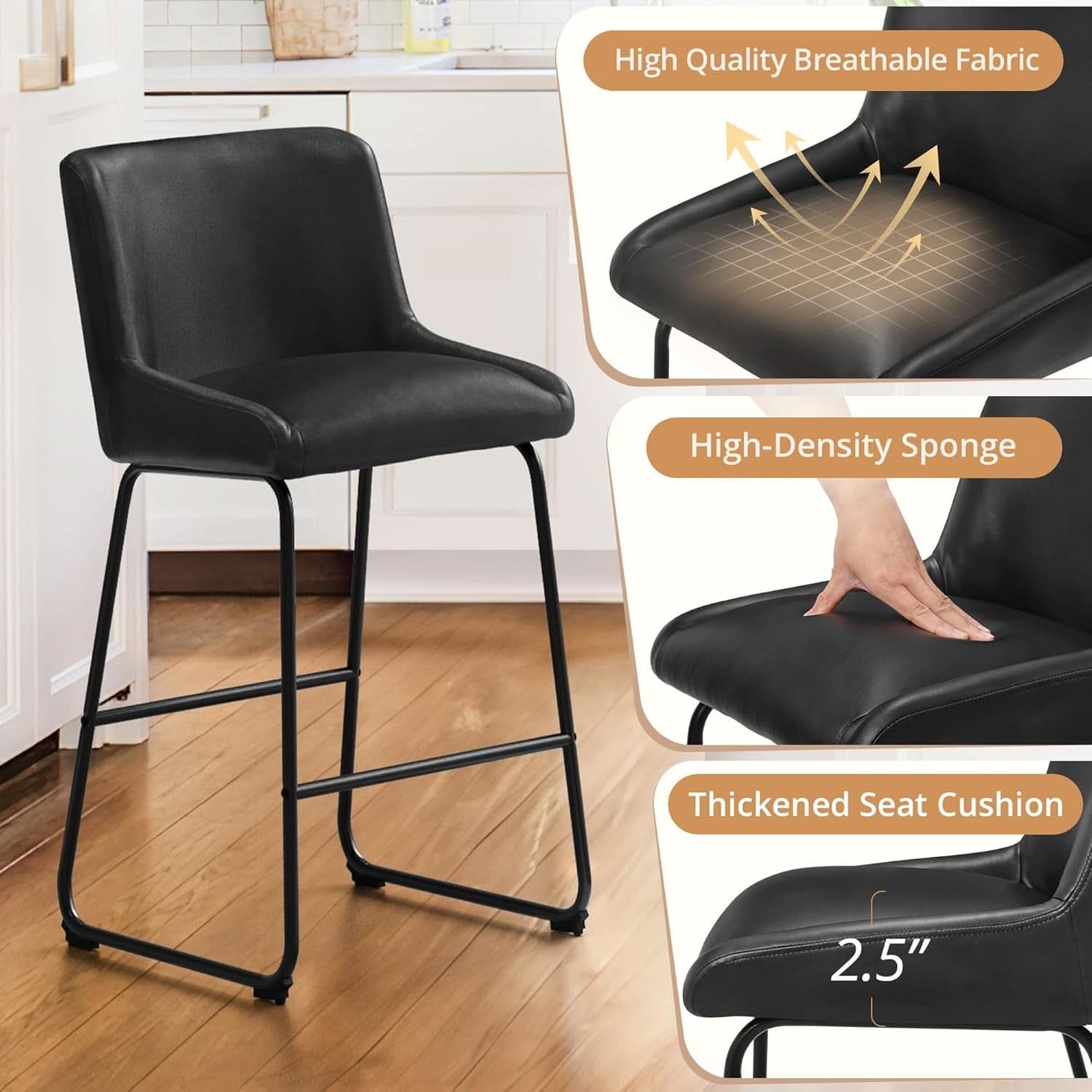 26 Inch Faux Leather Bar Stools Set Of 3 Counter Height With Back Modern Kitchen Island Chairs