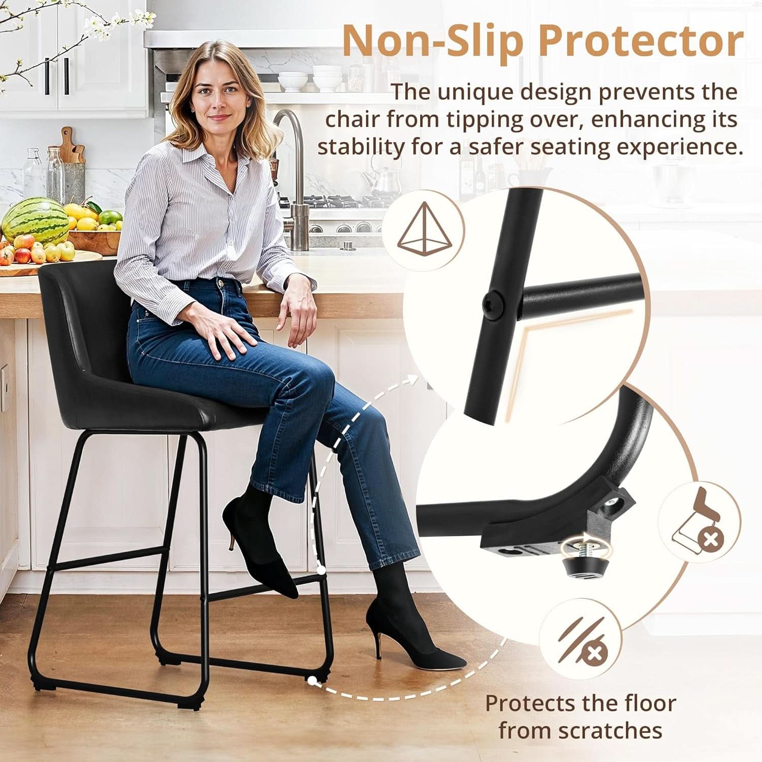 26 Inch Faux Leather Bar Stools Set Of 3 Counter Height With Back Modern Kitchen Island Chairs