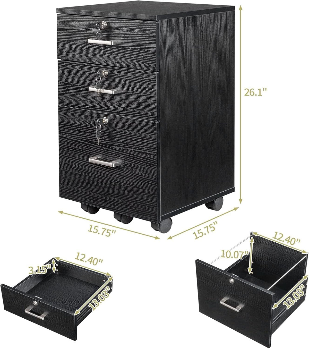 26 Inch High 3 Drawer File Cabinet With Lock On Wheels Wood Black Finish For Home Office For Letter Size Folders