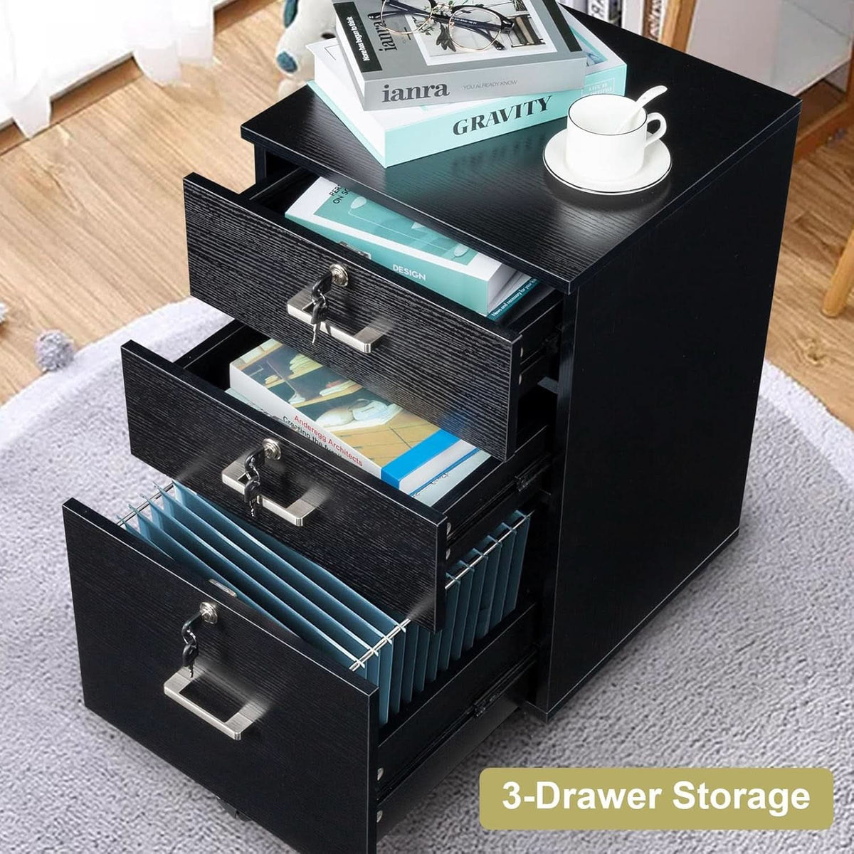 26 Inch High 3 Drawer File Cabinet With Lock On Wheels Wood Black Finish For Home Office For Letter Size Folders