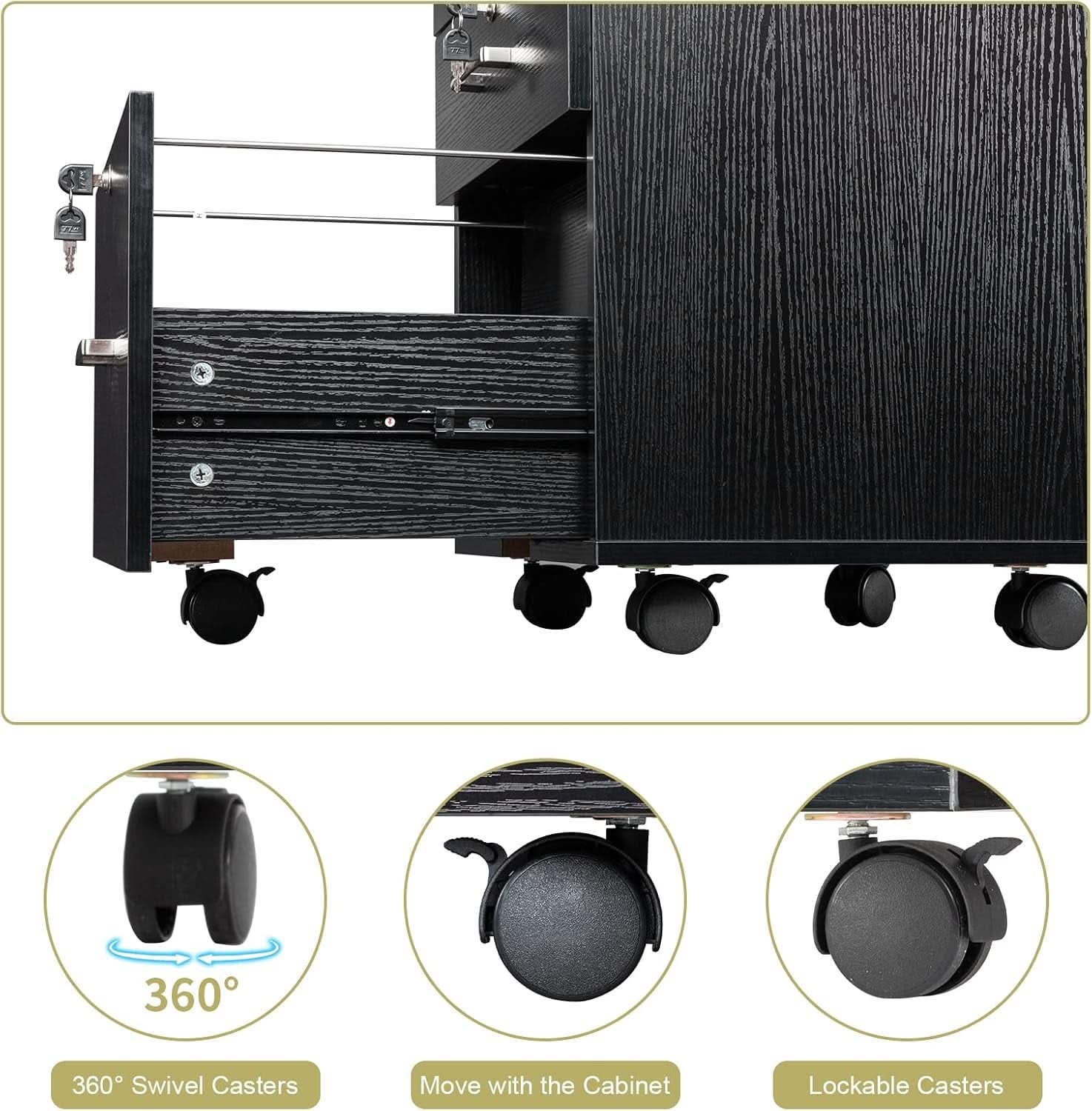 26 Inch High 3 Drawer File Cabinet With Lock On Wheels Wood Black Finish For Home Office For Letter Size Folders