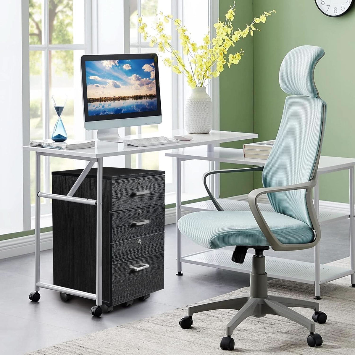 26 Inch High 3 Drawer File Cabinet With Lock On Wheels Wood Black Finish For Home Office For Letter Size Folders
