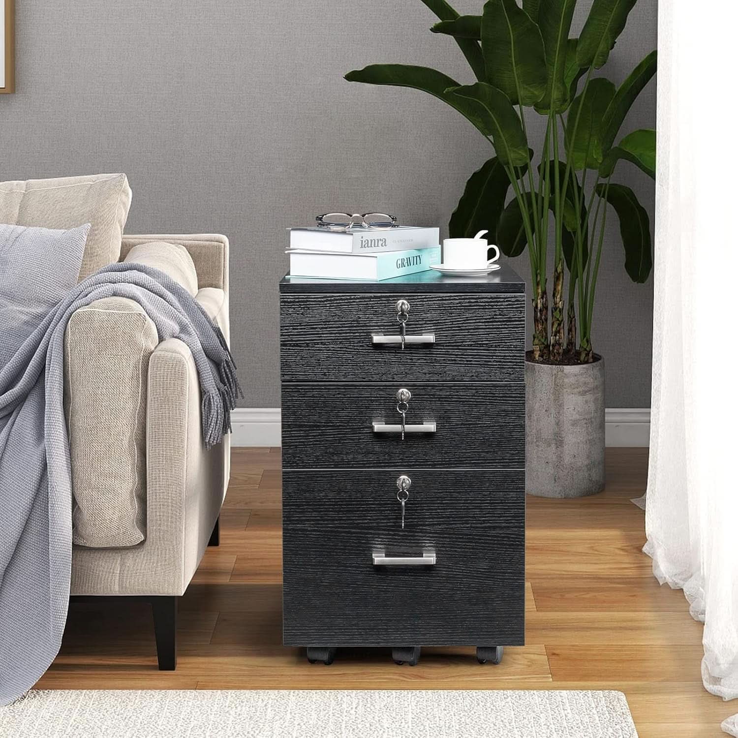 26 Inch High 3 Drawer File Cabinet With Lock On Wheels Wood Black Finish For Home Office For Letter Size Folders
