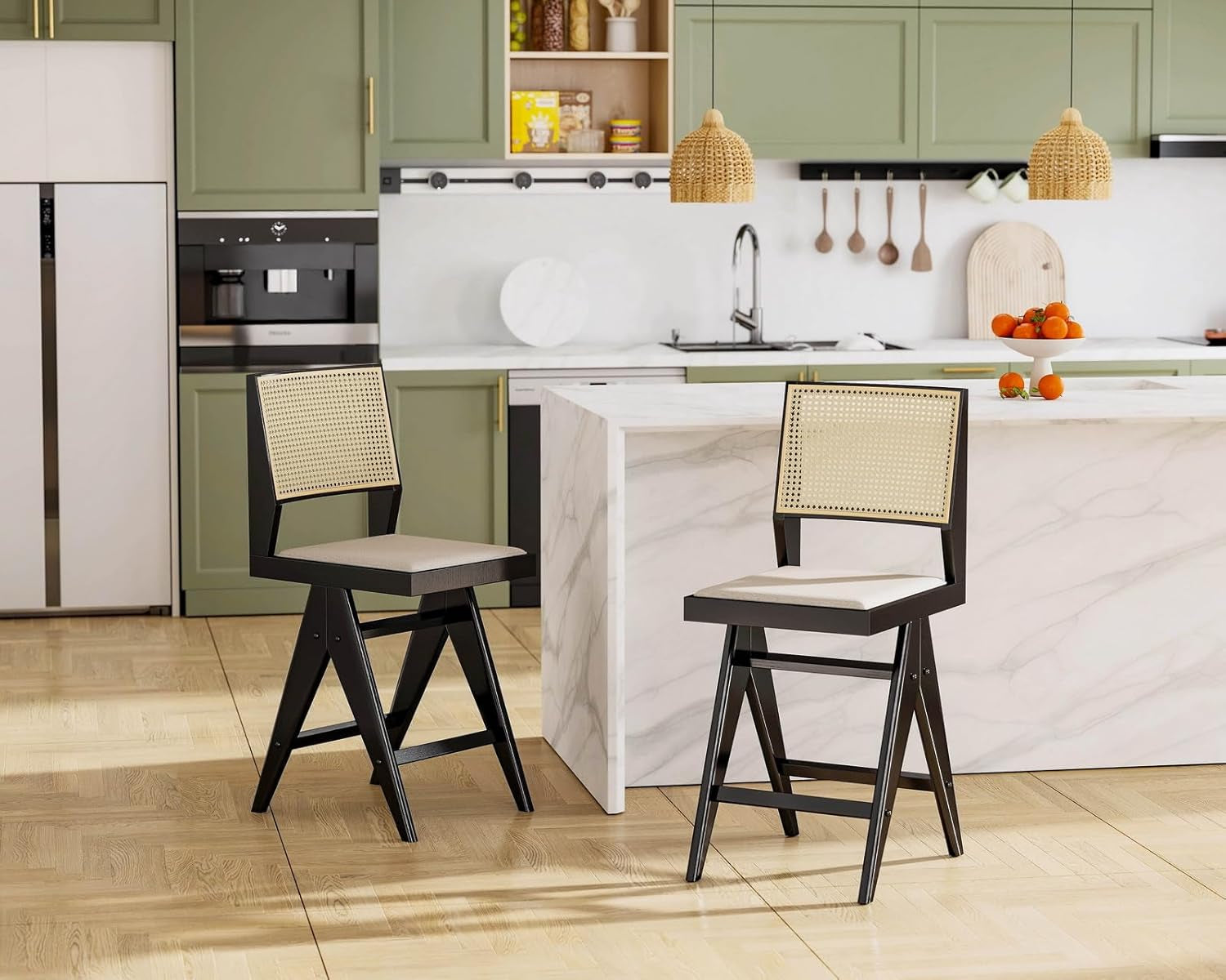 26 Inch Rattan Bar Stools Set of Four Beige Linen