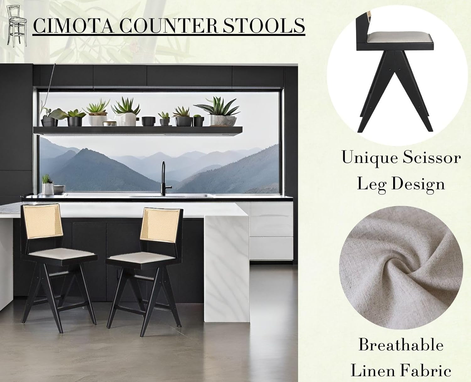 26 Inch Rattan Bar Stools Set of Four Beige Linen