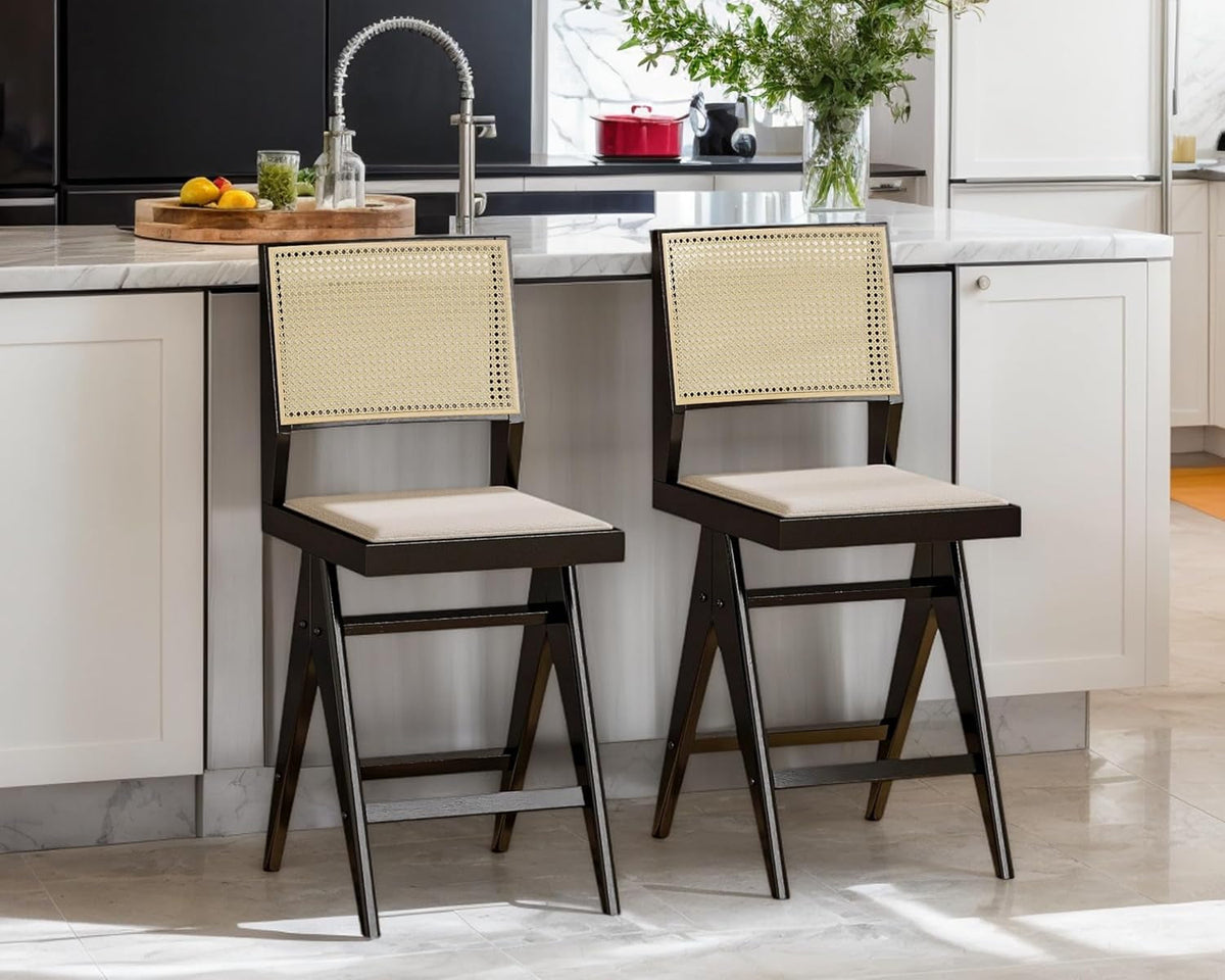 26 Inch Rattan Bar Stools Set of Four Beige Linen