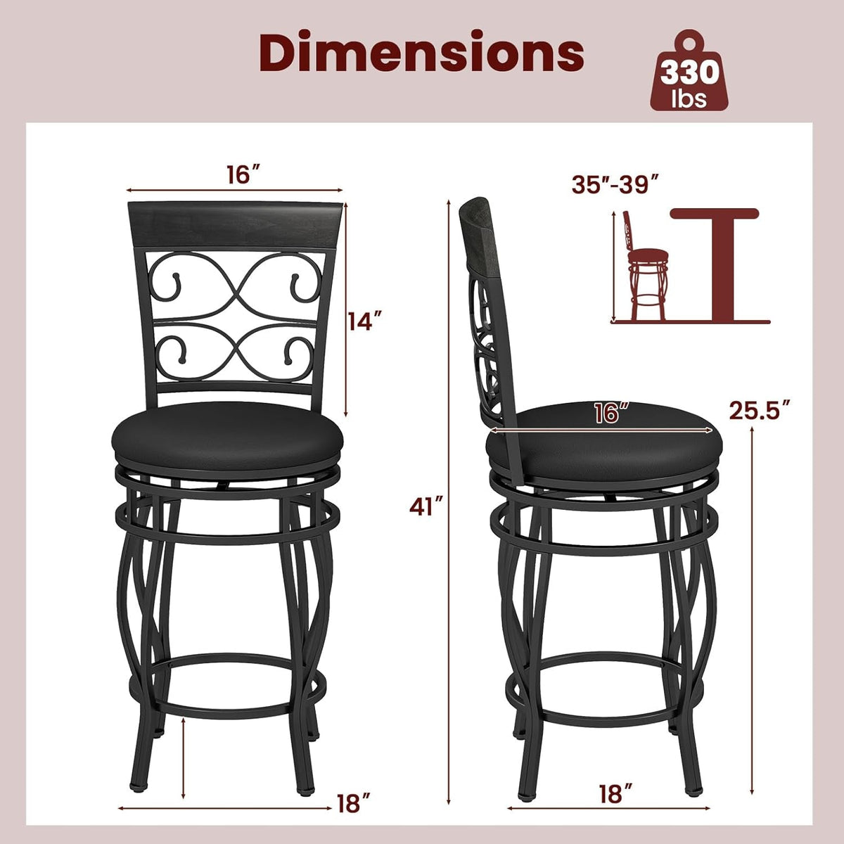 26 Inch Swivel Bar Stools Set Of 2 With Back PU Leather Upholstered Seat Black Counter Height Footrest