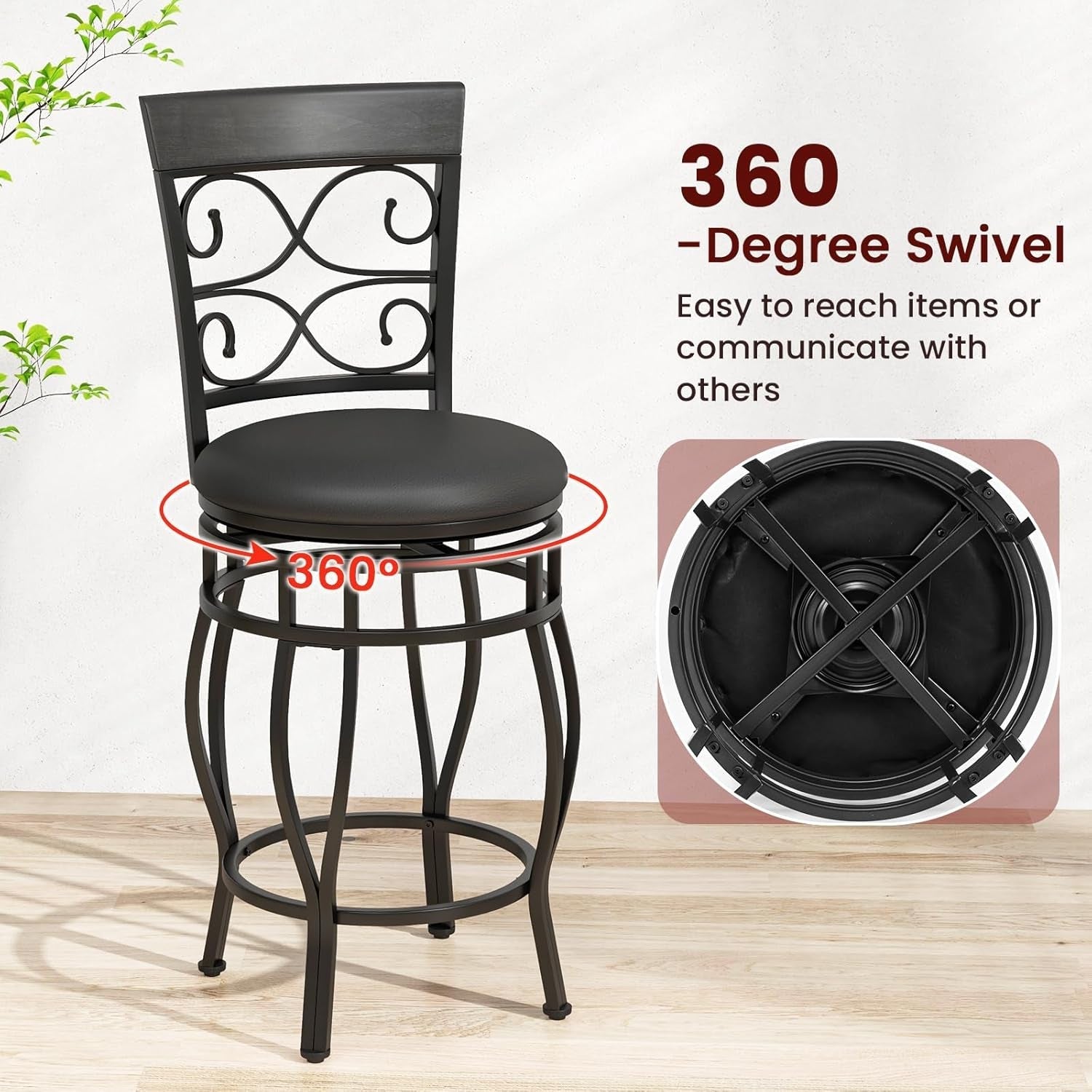 26 Inch Swivel Bar Stools Set Of 2 With Back PU Leather Upholstered Seat Black Counter Height Footrest