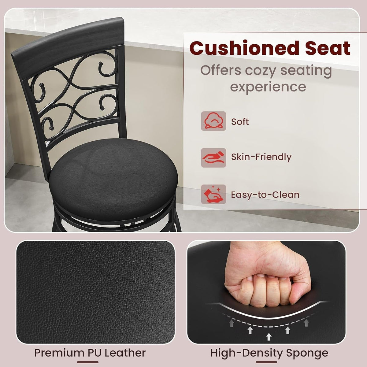 26 Inch Swivel Bar Stools Set Of 2 With Back PU Leather Upholstered Seat Black Counter Height Footrest
