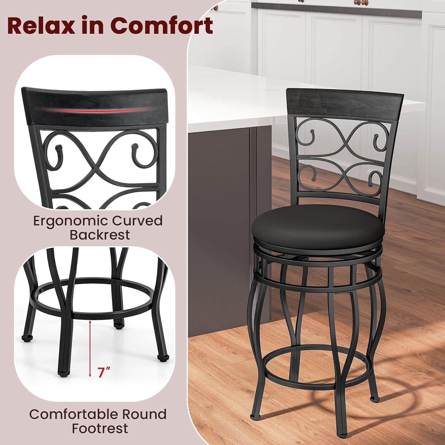 26 Inch Swivel Bar Stools Set Of 2 With Back PU Leather Upholstered Seat Black Counter Height Footrest