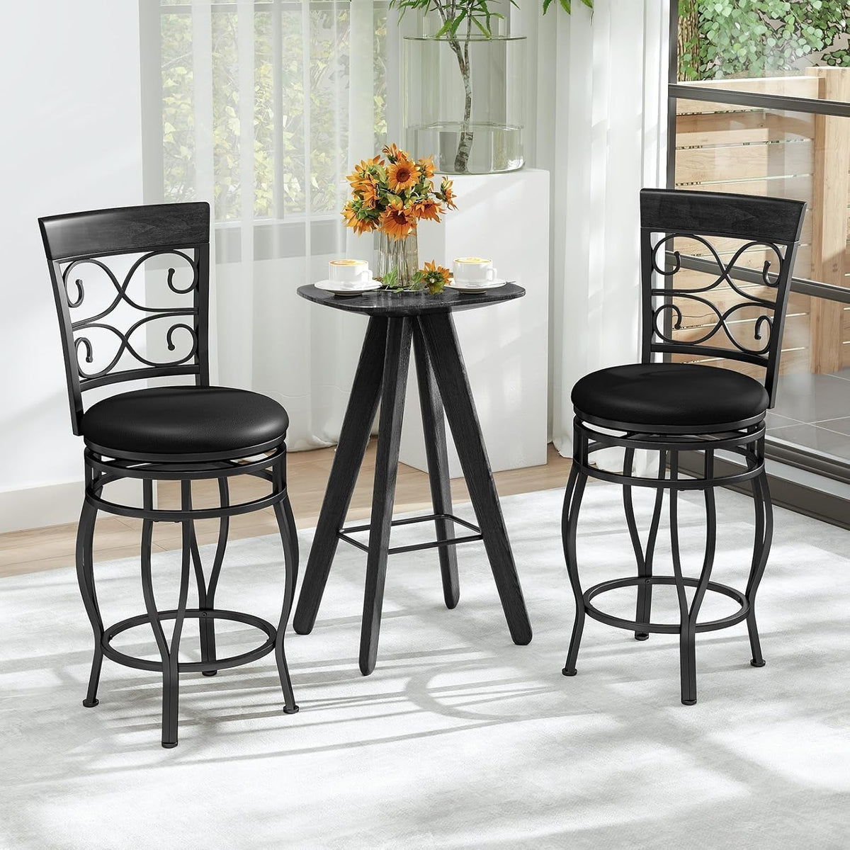 26 Inch Swivel Bar Stools Set Of 2 With Back PU Leather Upholstered Seat Black Counter Height Footrest