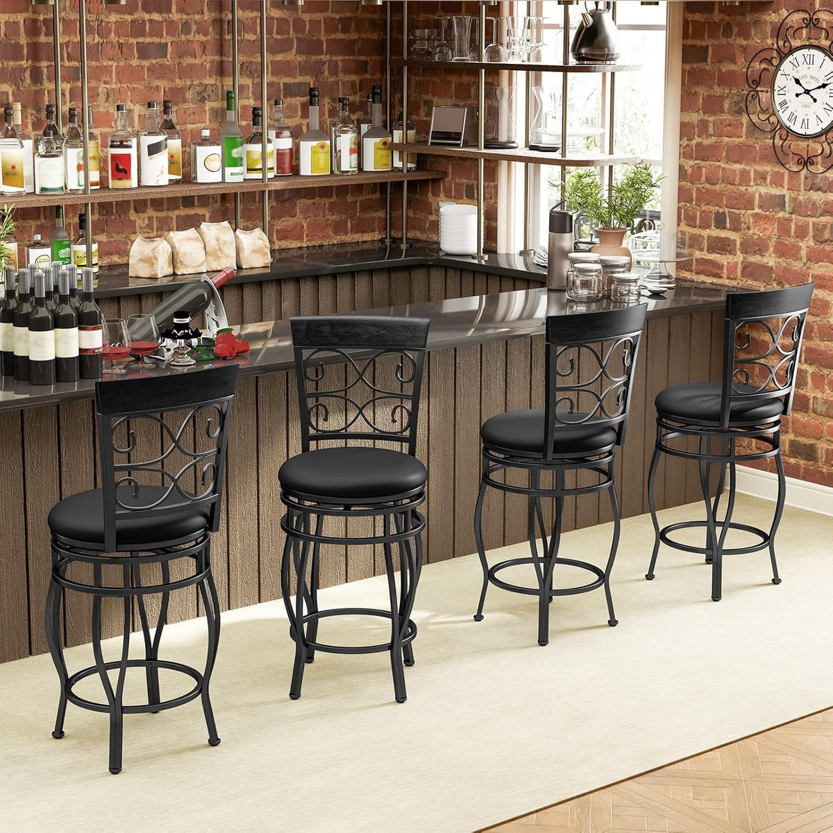 26 Inch Swivel Bar Stools Set Of 2 With Back PU Leather Upholstered Seat Black Counter Height Footrest