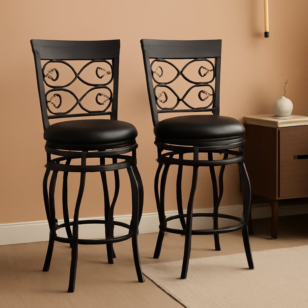 26 Inch Swivel Bar Stools Set Of 2 With Back PU Leather Upholstered Seat Black Counter Height Footrest