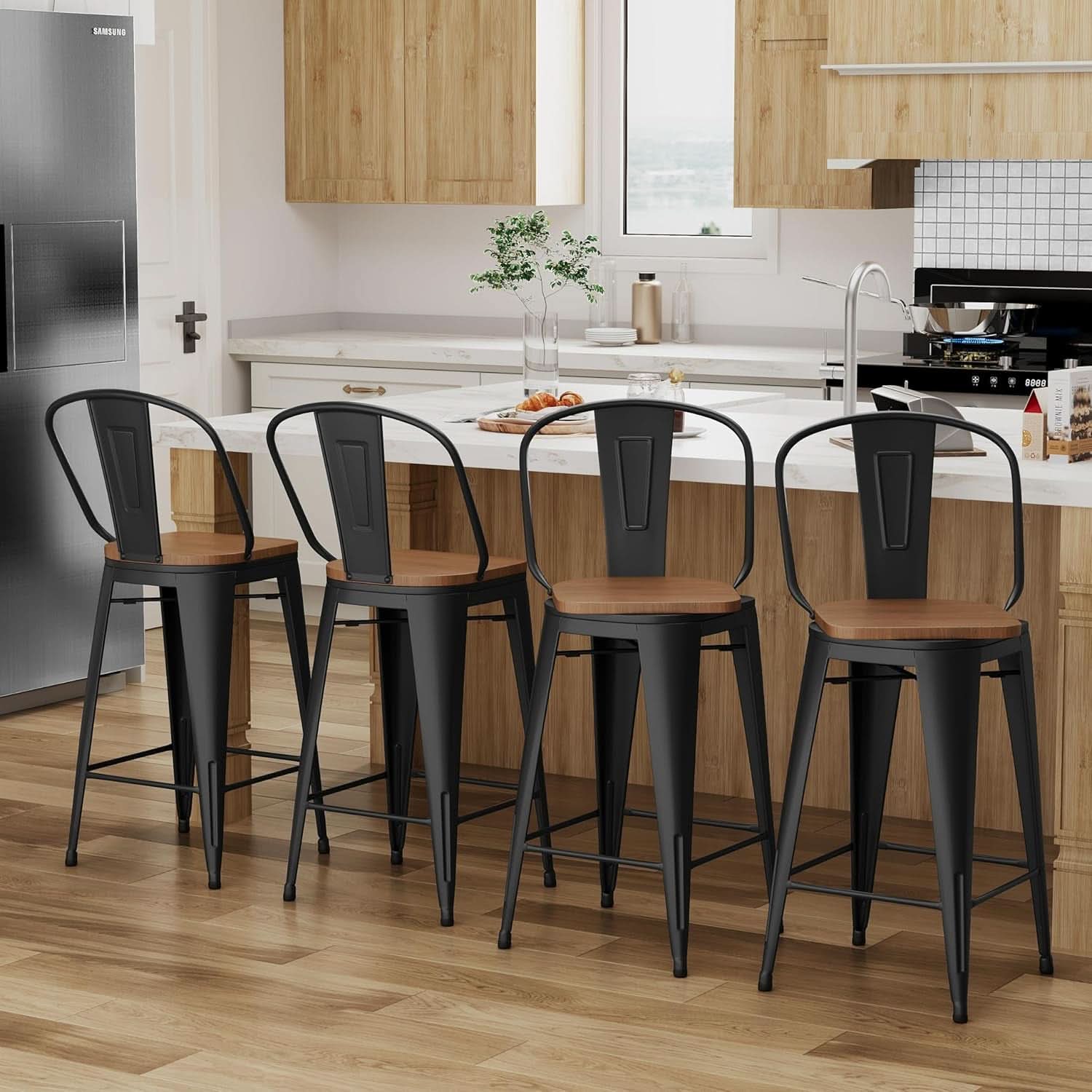 26 Inch Swivel Bar Stools Set Of 4 With Large Wooden Seat Matte Black High Back Design