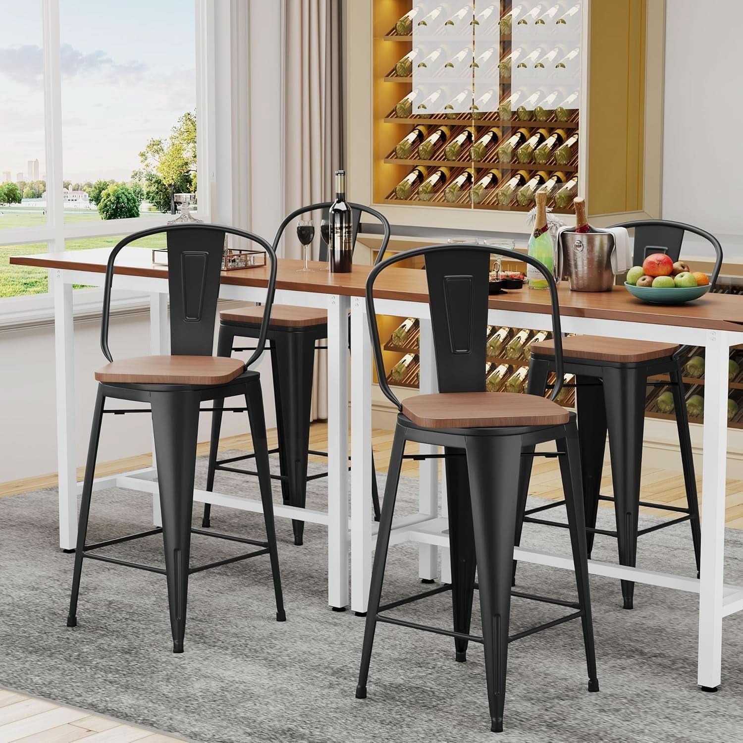 26 Inch Swivel Bar Stools Set Of 4 With Large Wooden Seat Matte Black High Back Design