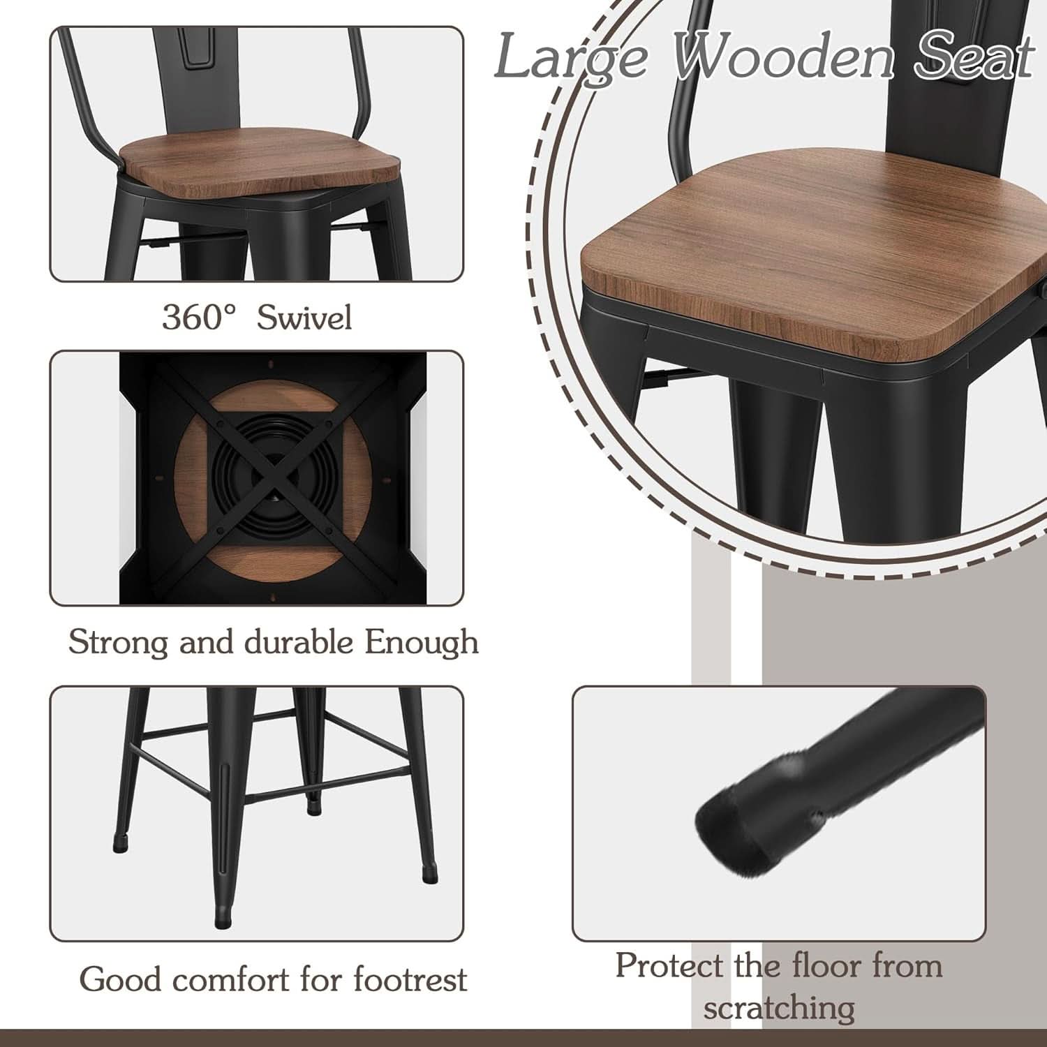 26 Inch Swivel Bar Stools Set Of 4 With Large Wooden Seat Matte Black High Back Design