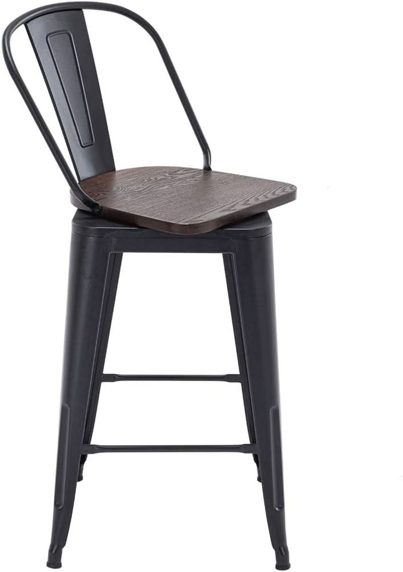 26 Inch Swivel Bar Stools Set Of 4 With Large Wooden Seat Matte Black High Back Design
