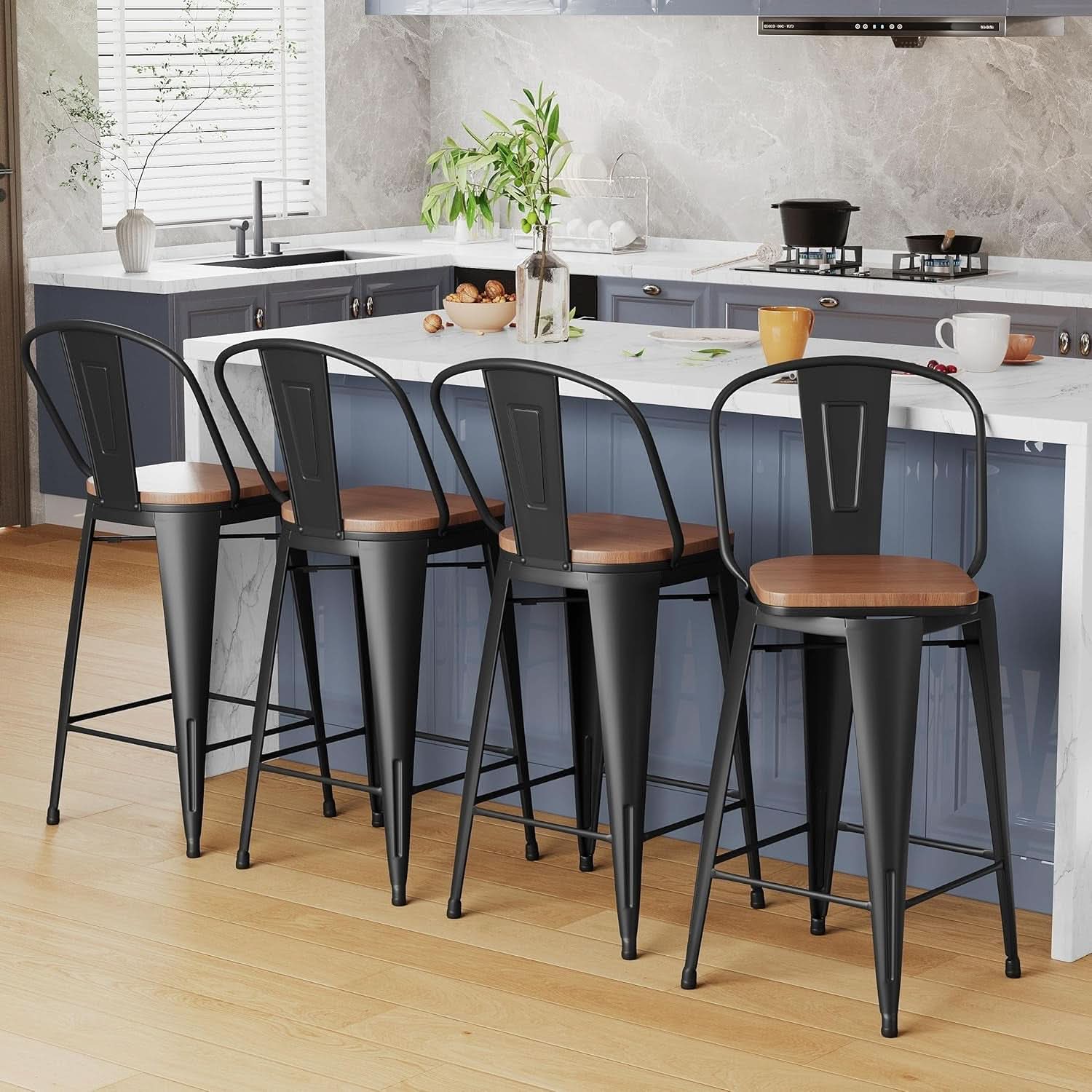 26 Inch Swivel Bar Stools Set Of 4 With Large Wooden Seat Matte Black High Back Design