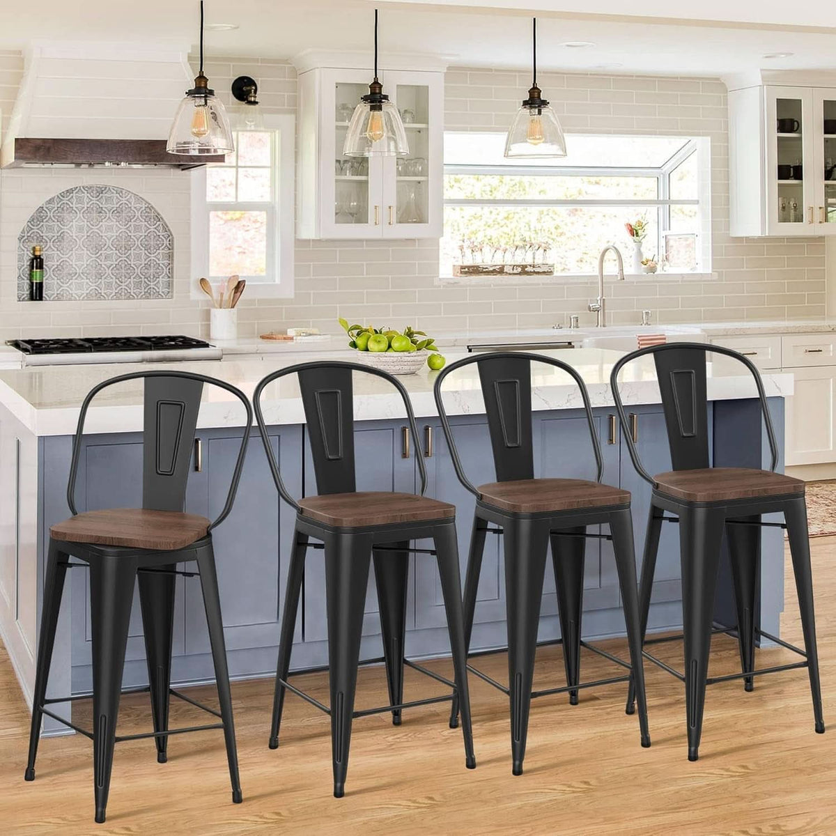26 Inch Swivel Bar Stools Set Of 4 With Large Wooden Seat Matte Black High Back Design