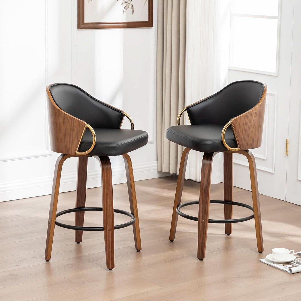 26 Inch Swivel Barstools Set of Two Black Leather