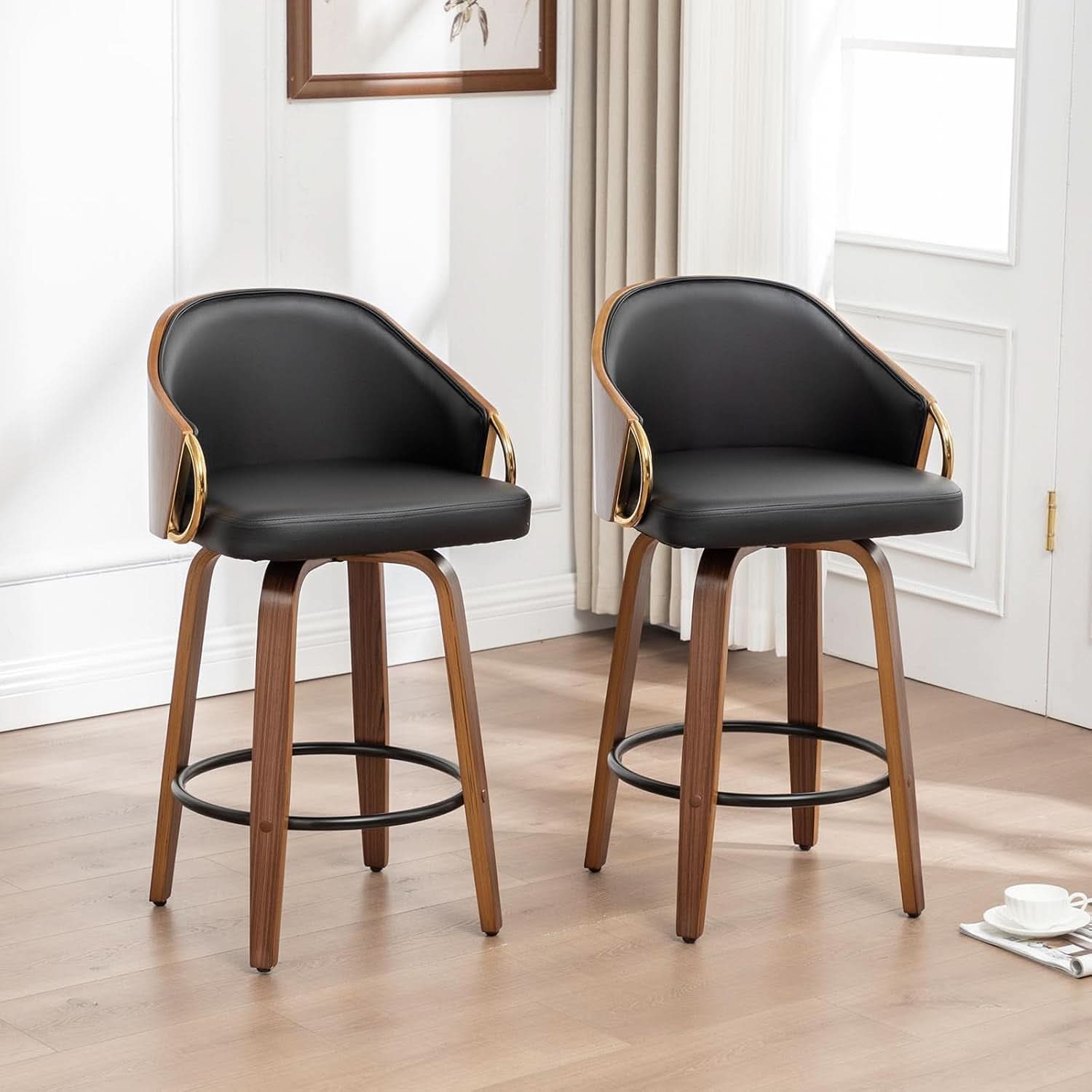 26 Inch Swivel Barstools Set of Two Black Leather