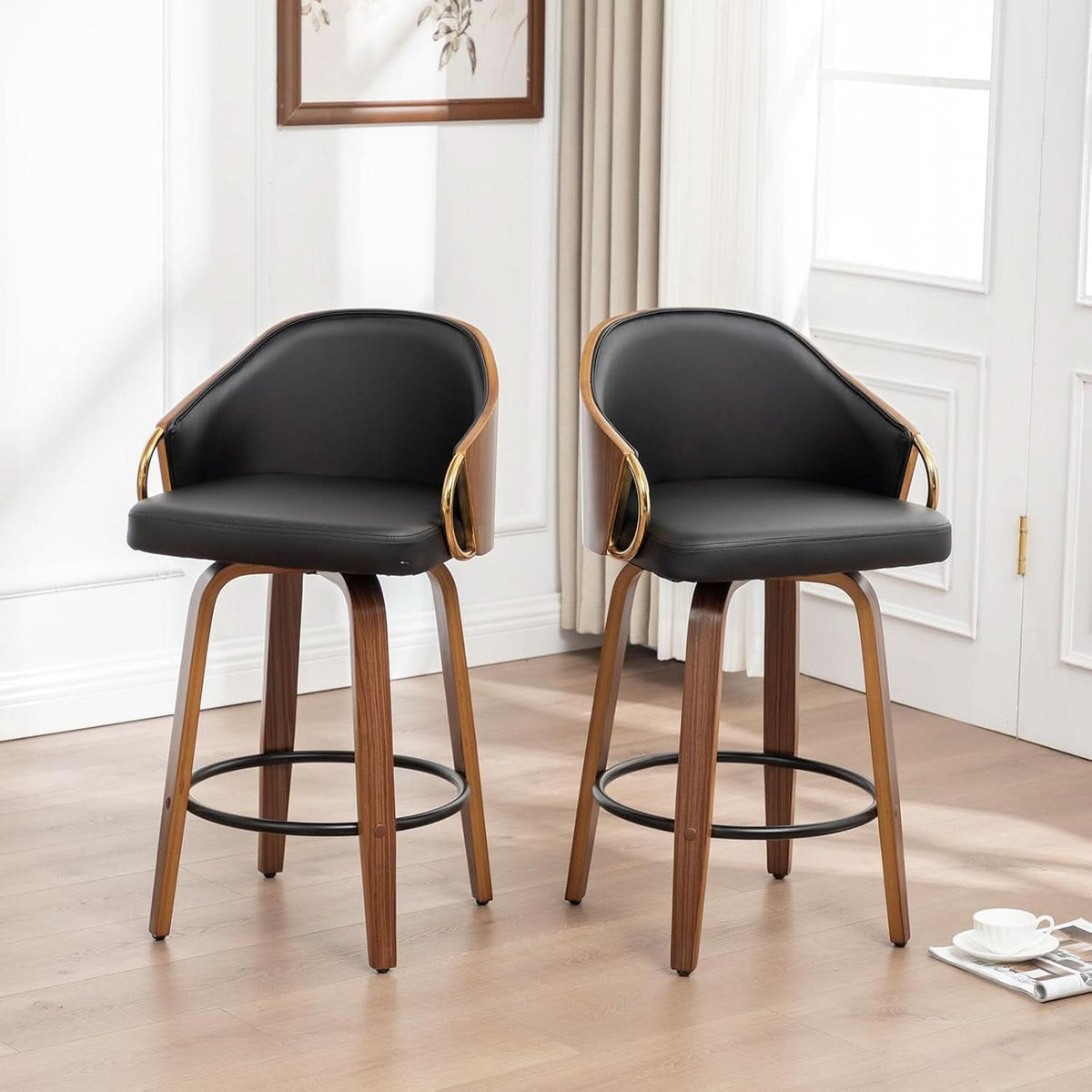26 Inch Swivel Barstools Set of Two Black Leather