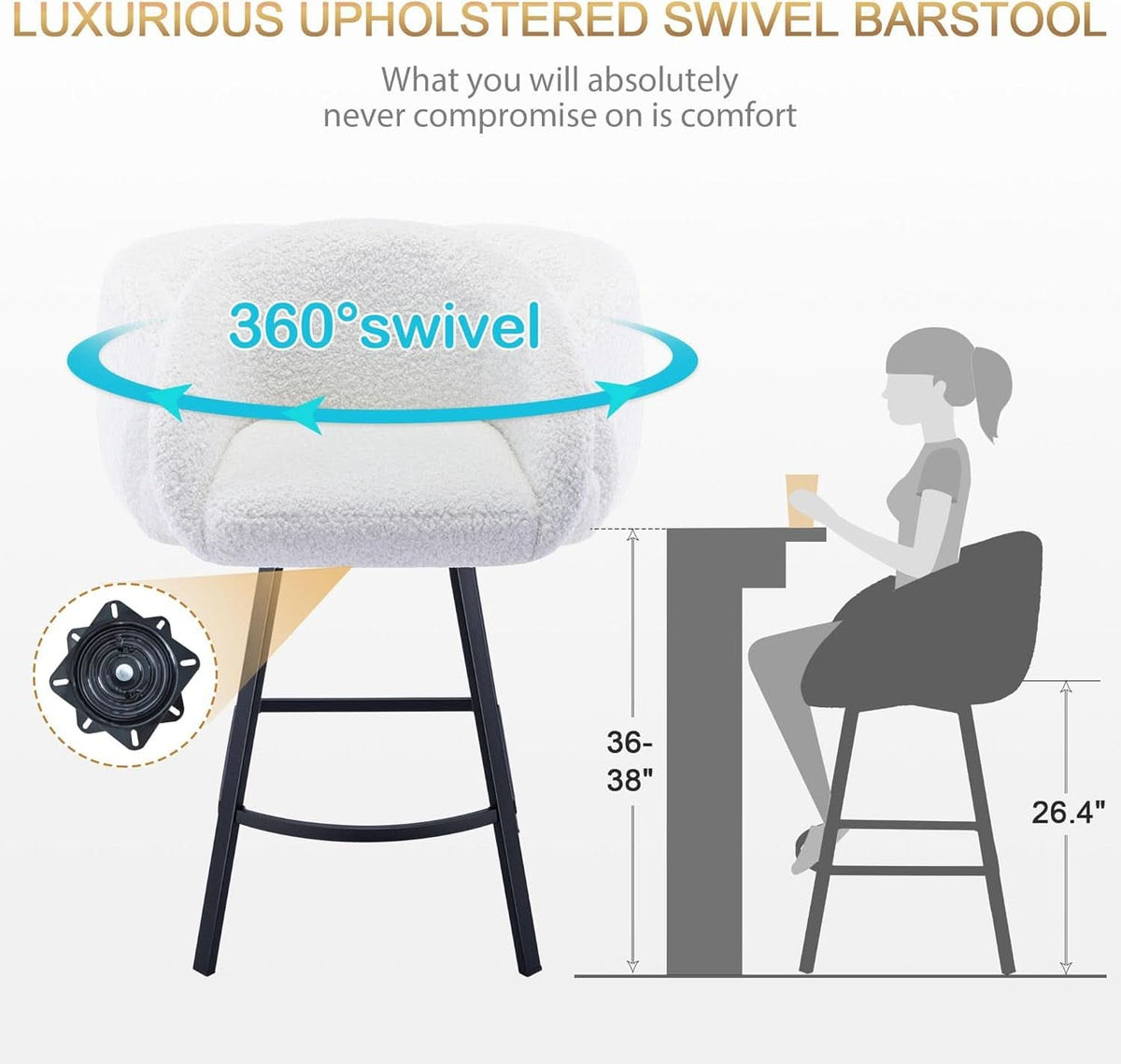 26 Inch Swivel Counter Stool White Sherpa Upholstered Bar Stool For Kitchen Counter