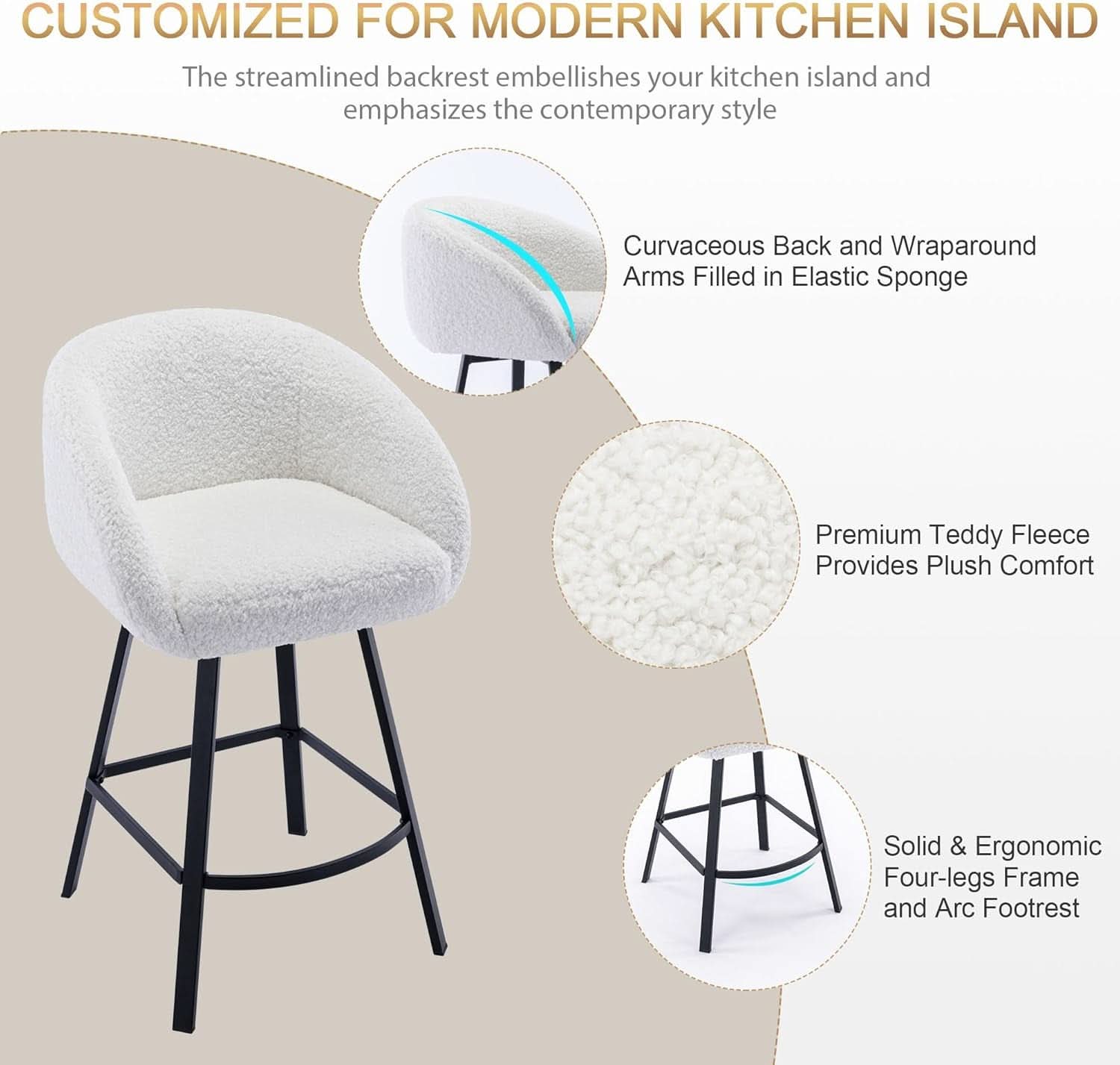 26 Inch Swivel Counter Stool White Sherpa Upholstered Bar Stool For Kitchen Counter