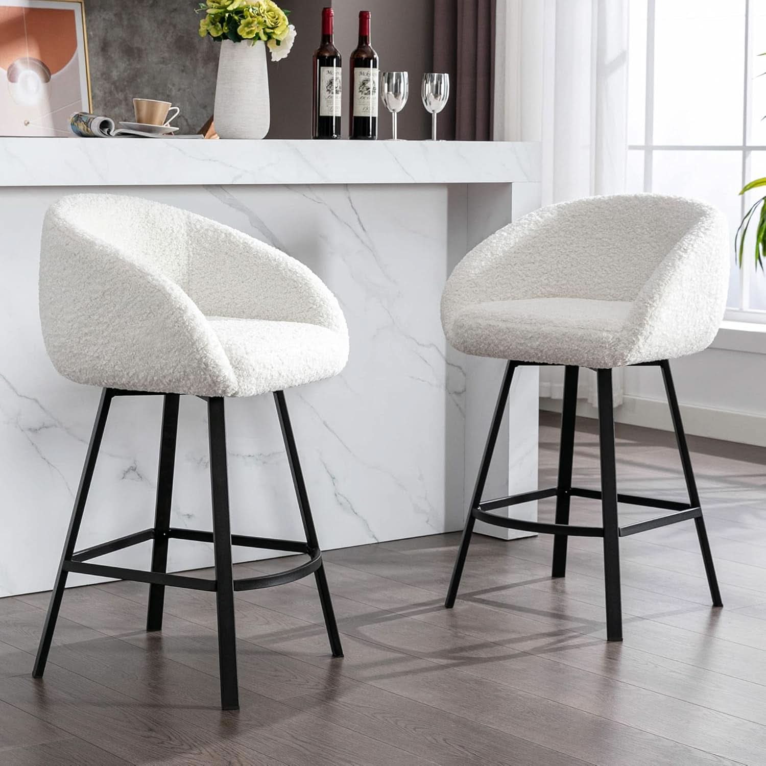 26 Inch Swivel Counter Stool White Sherpa Upholstered Bar Stool For Kitchen Counter