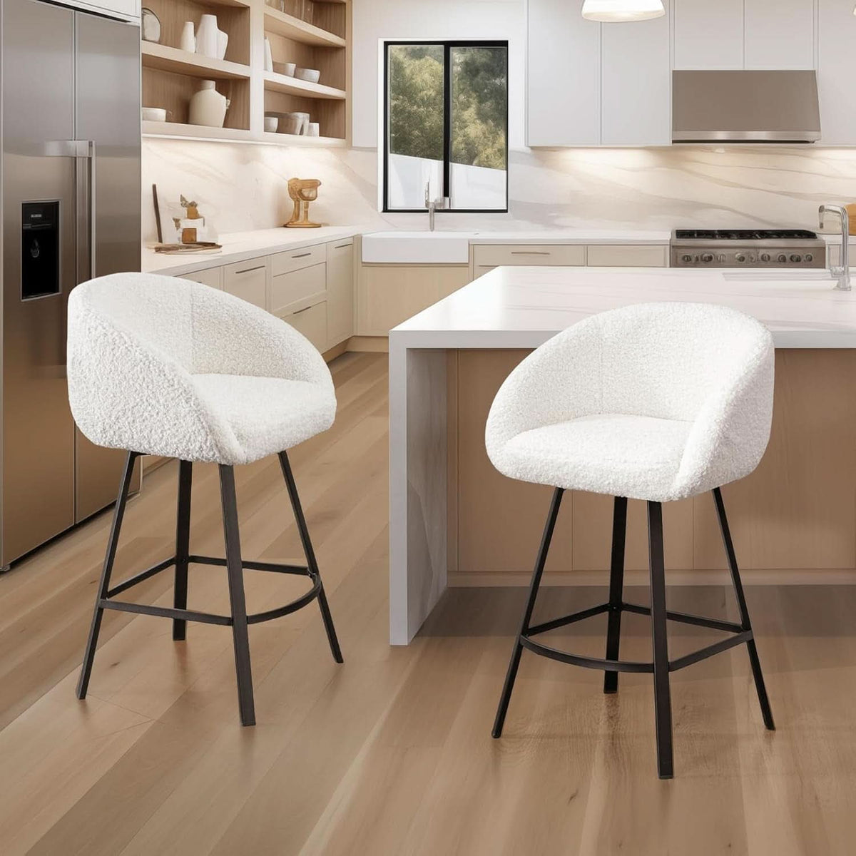 26 Inch Swivel Counter Stool White Sherpa Upholstered Bar Stool For Kitchen Counter