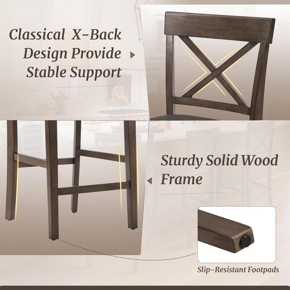 26 Inch Wood Bar Stools Set Of 4 Counter Height With X Shaped Back And Faux Leather Seat Rustic Brown