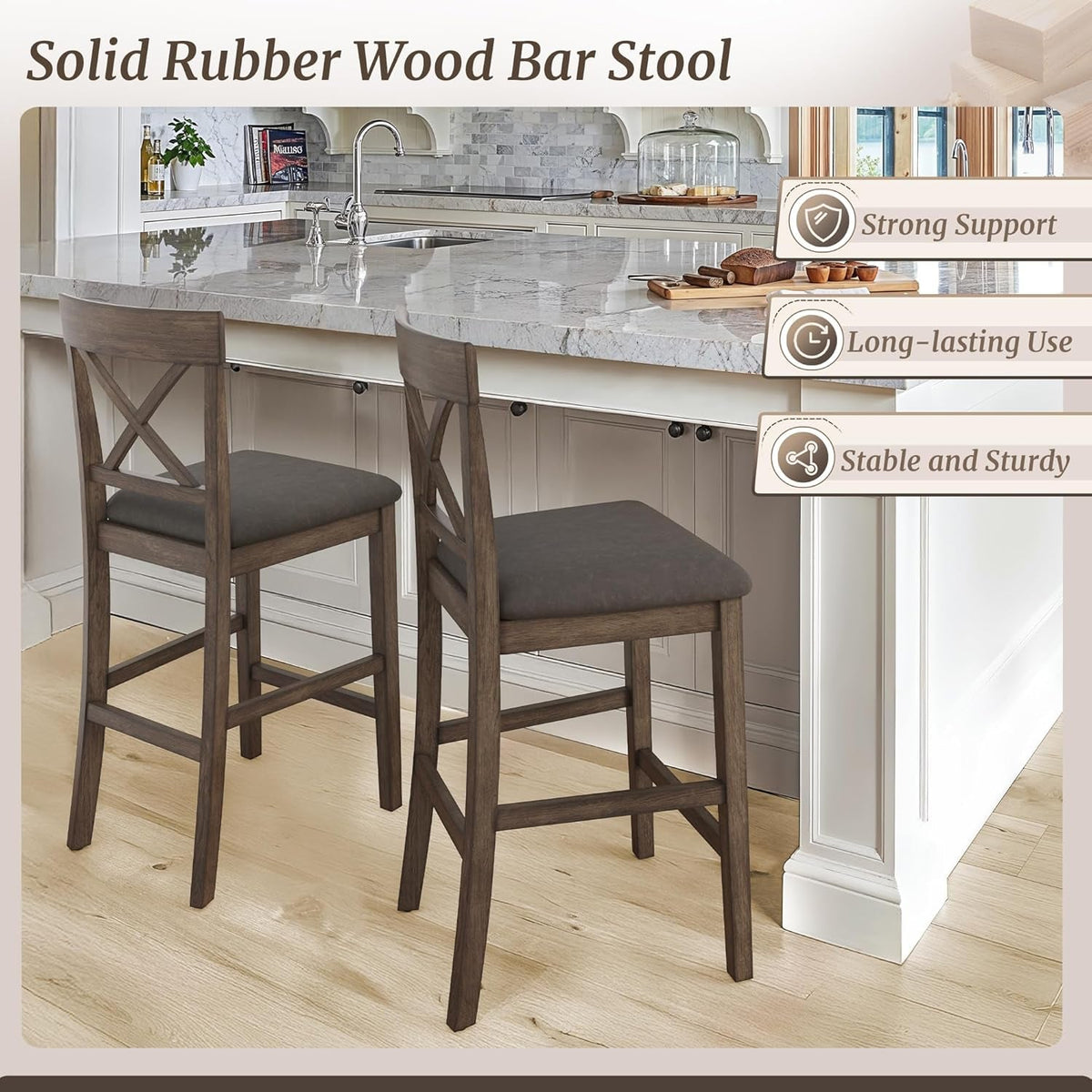 26 Inch Wood Bar Stools Set Of 4 Counter Height With X Shaped Back And Faux Leather Seat Rustic Brown