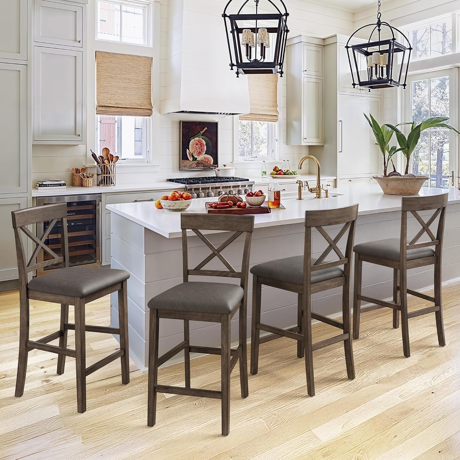 26 Inch Wood Bar Stools Set Of 4 Counter Height With X Shaped Back And Faux Leather Seat Rustic Brown