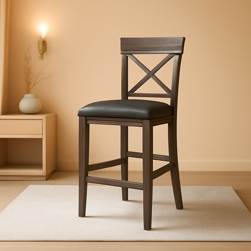 26 Inch Wood Bar Stools Set Of 4 Counter Height With X Shaped Back And Faux Leather Seat Rustic Brown