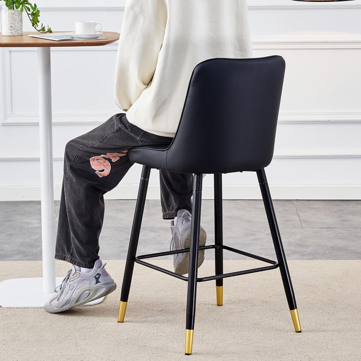 27 Inch Black Counter Height Bar Stool Set With Back Faux Leather