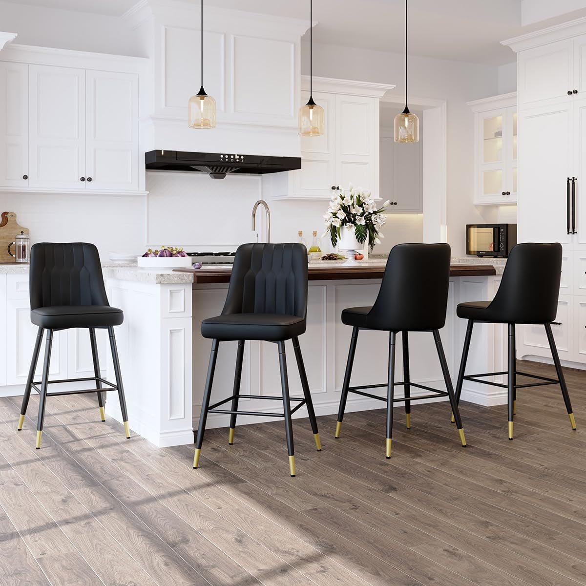 27 Inch Black Counter Height Bar Stool Set With Back Faux Leather