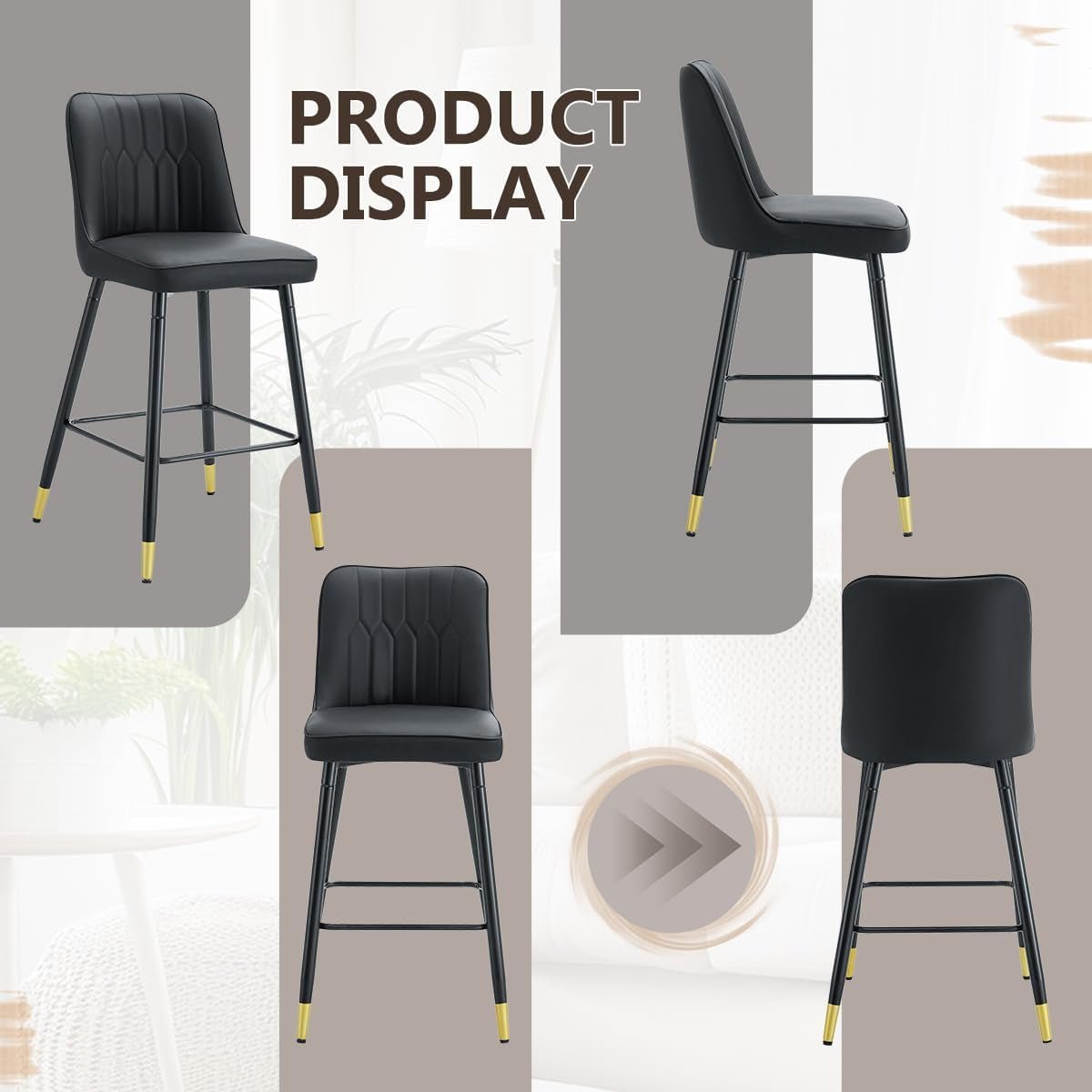 27 Inch Black Counter Height Bar Stool Set With Back Faux Leather