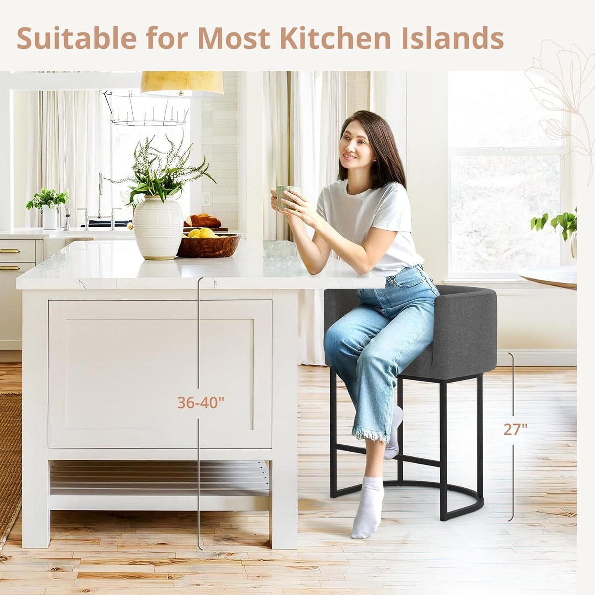 27 Inch Counter Bar Stool With Backrest And Arms Gray Linen