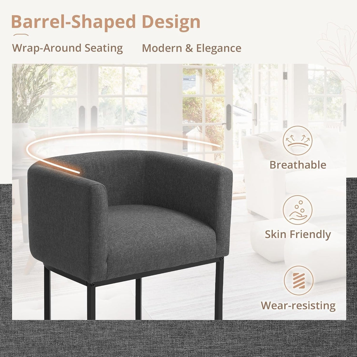 27 Inch Counter Bar Stool With Backrest And Arms Gray Linen