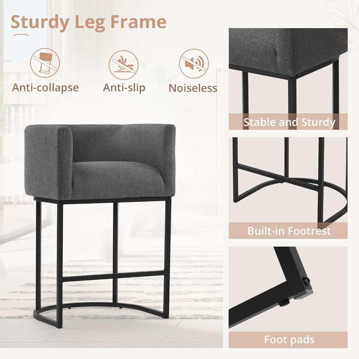 27 Inch Counter Bar Stool With Backrest And Arms Gray Linen