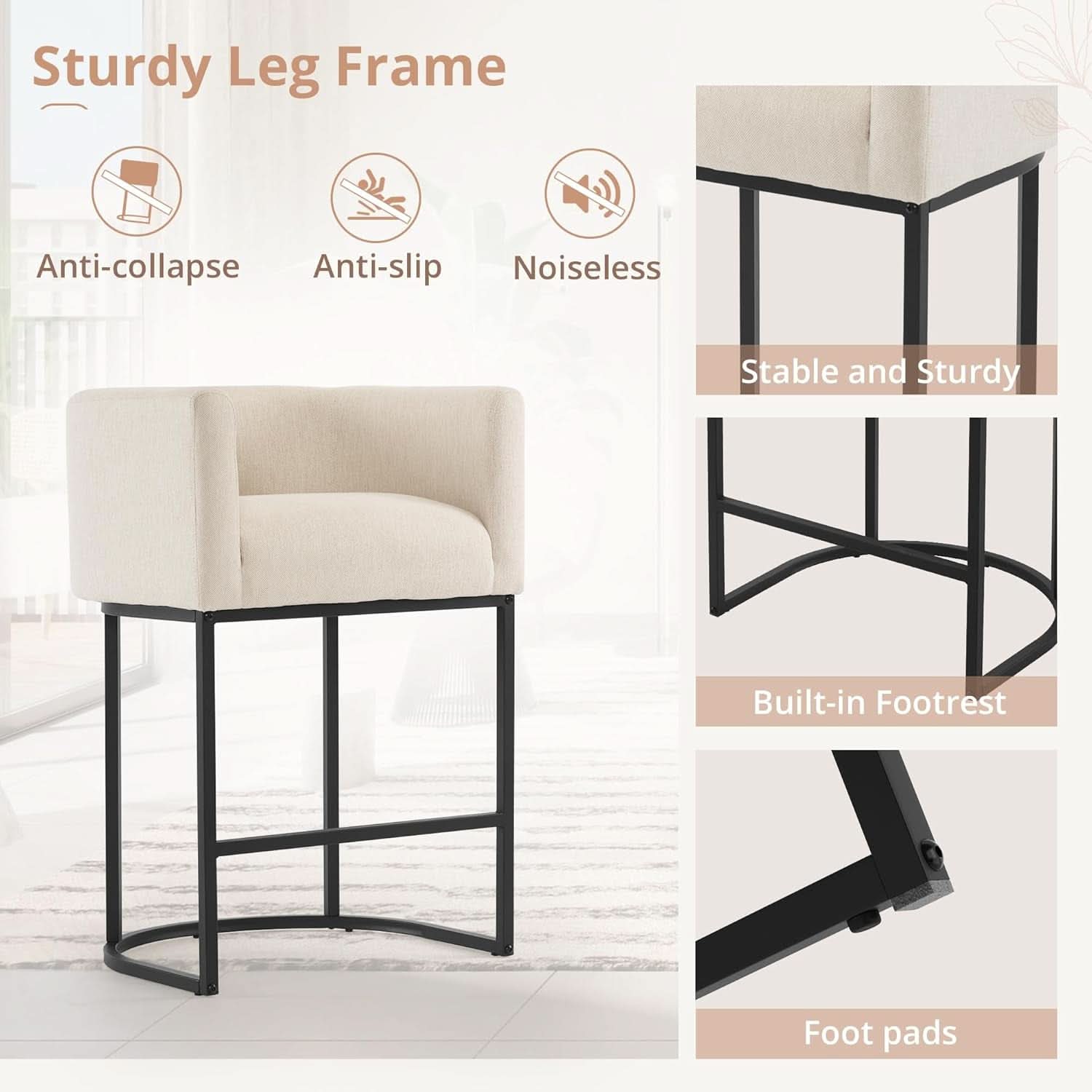 27 Inch Counter Height Bar Stool With Backrest And Armrests, Linen Upholstery, Black Metal Frame