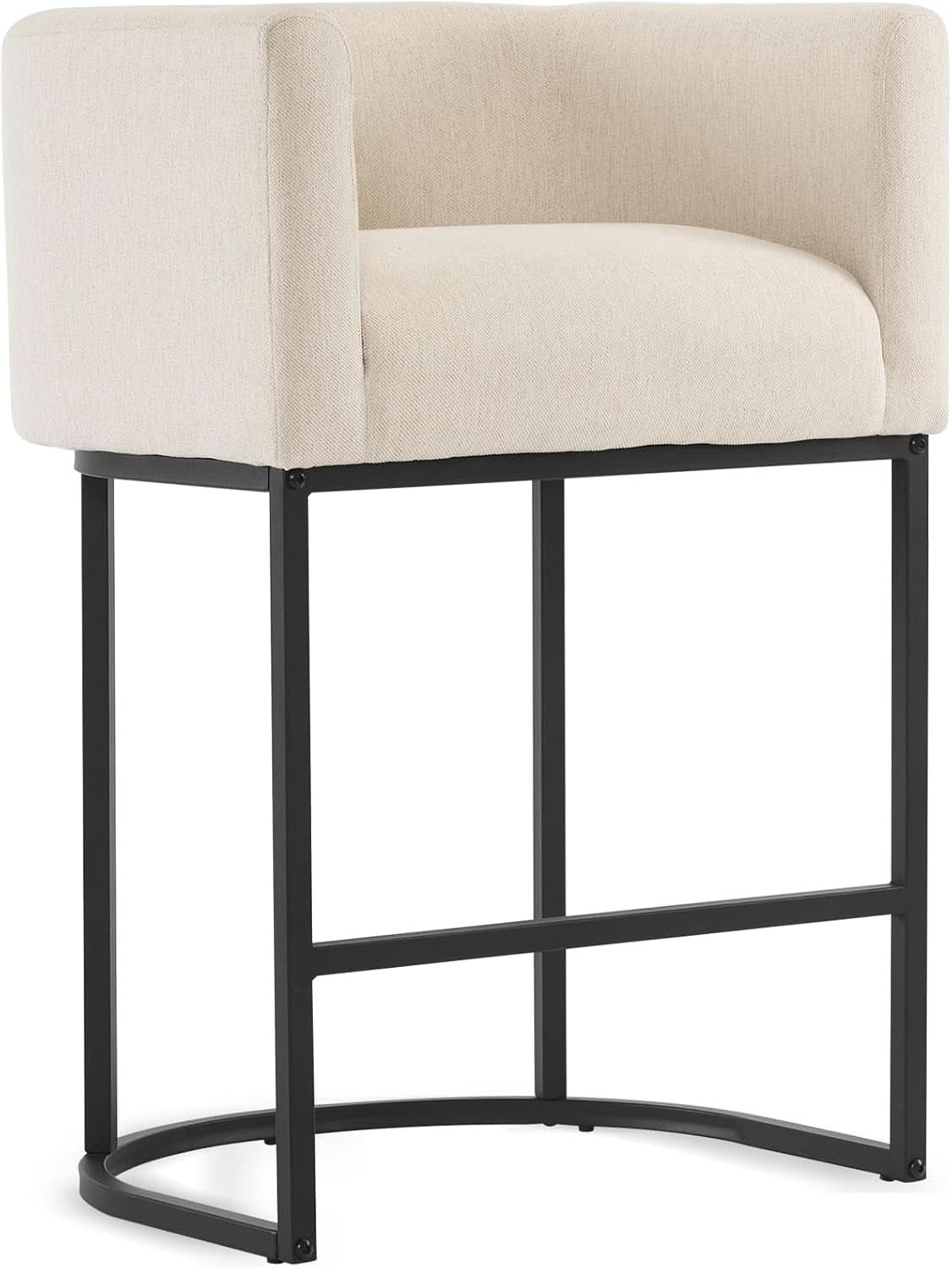 27 Inch Counter Height Bar Stool With Backrest And Armrests, Linen Upholstery, Black Metal Frame